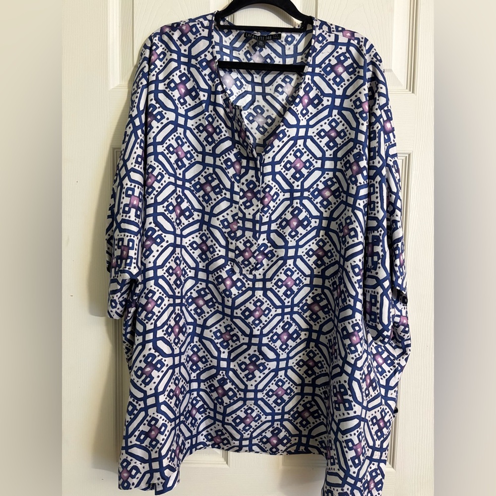 Lafayette 148 New York Blue Geometric Full Silk Natural Fiber Swim Cover Poncho